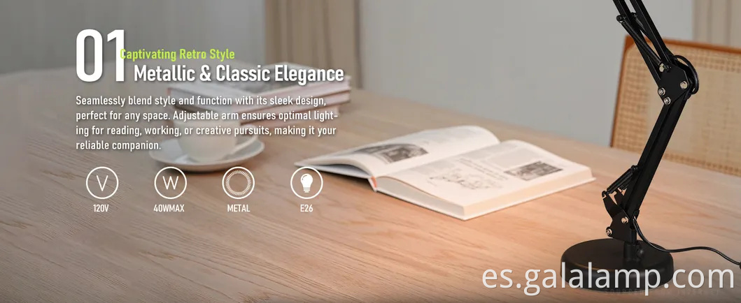 Lámpara de escritorio de metal de cuello de ganso ajustable para uso versátil